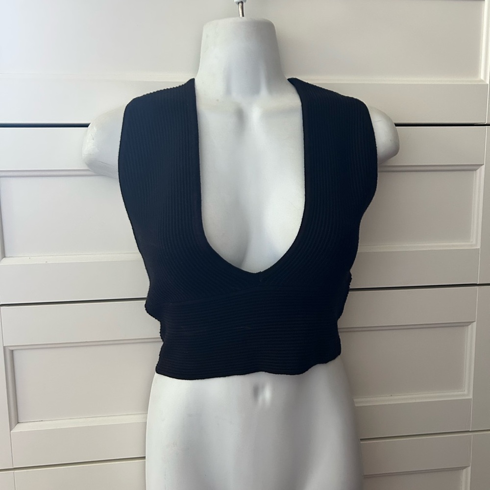 Black Ribbed Deep V-Neck Crop Top